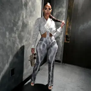 Snake Print Wide-Leg Trousers for Women with Elastic Waist