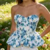 Printed Fishtail Hem Boning Bustier Top Printed Fishtail Hem Boning Bustier Top