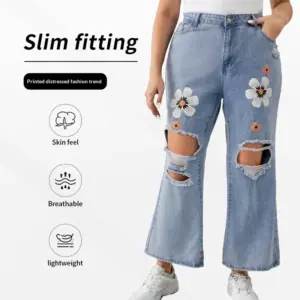 Plus-size Printed Ripped Flared Jeans For Women Plus-size Printed Ripped Flared Jeans For Women