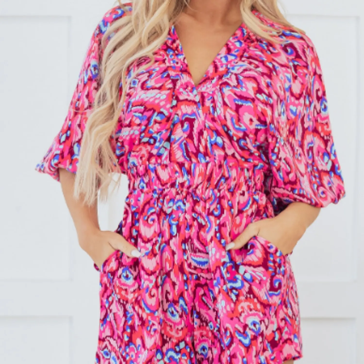 Abstract Print Pink Puff Sleeve V-Neck High-Waist Romper