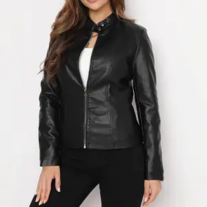 Tailored Slim-Fit Short Women’s Leather Jacket - PU, Long Sleeve