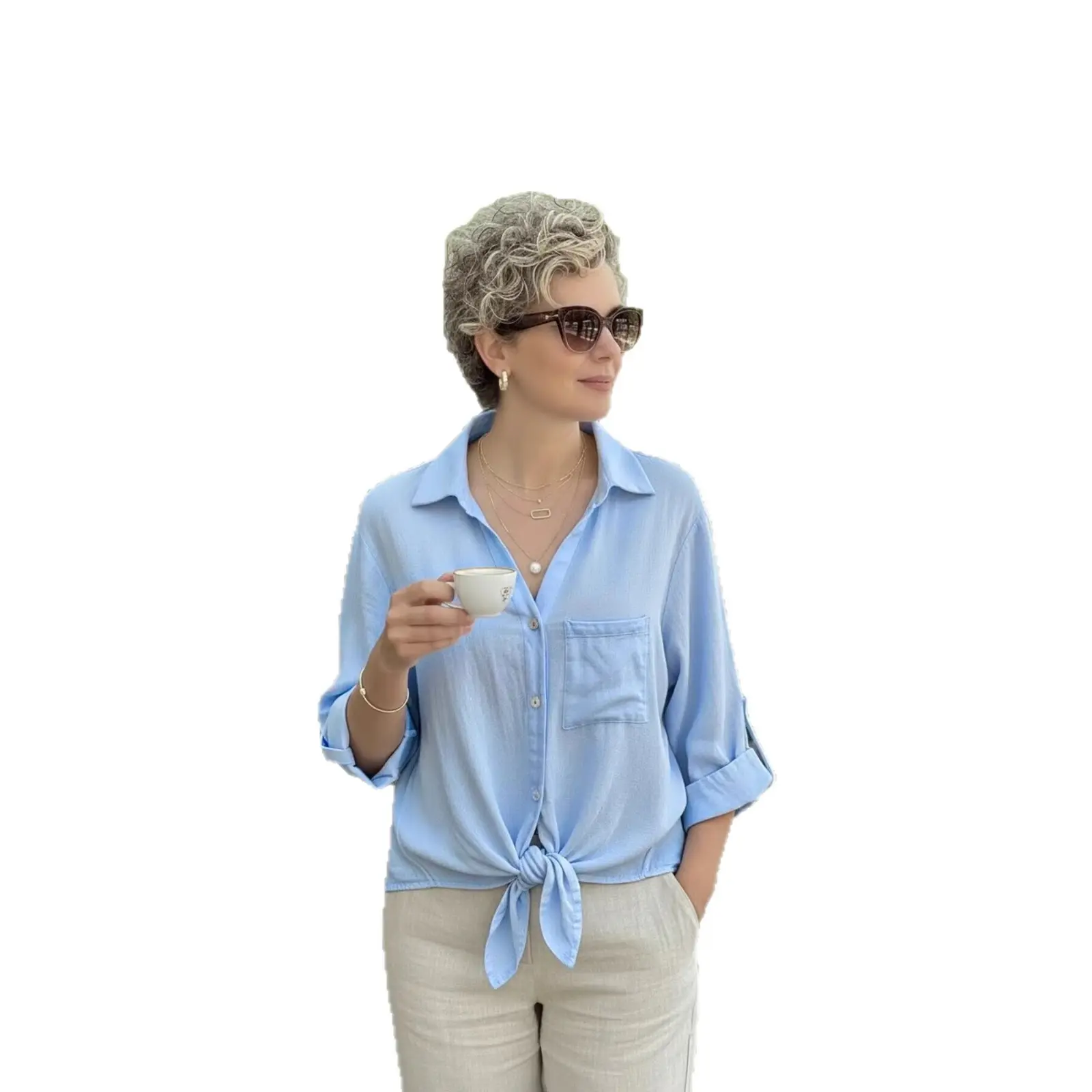 Buttoned V-Neck Lace-Up Shirt with Pockets for Women Buttoned V-Neck Lace-Up Shirt with Pockets for Women