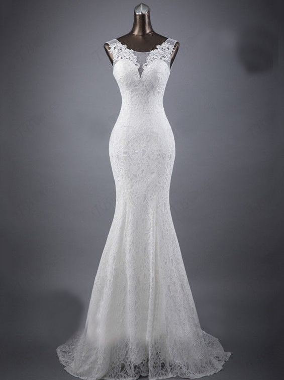 Figure-Skimming White Lace Fishtail Wedding Dress with Double Straps Figure-Skimming White Lace Fishtail Wedding Dress with Double Straps