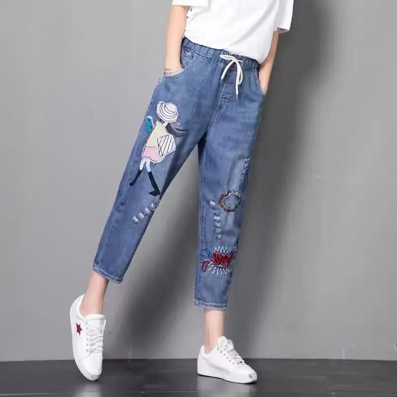Embroidered High-Waist Cropped Harem Denim Pants for Women Embroidered High-Waist Cropped Harem Denim Pants for Women