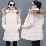 Warm Women’s Mid-Length Padded Coat with Detachable Hood and Fur Collar