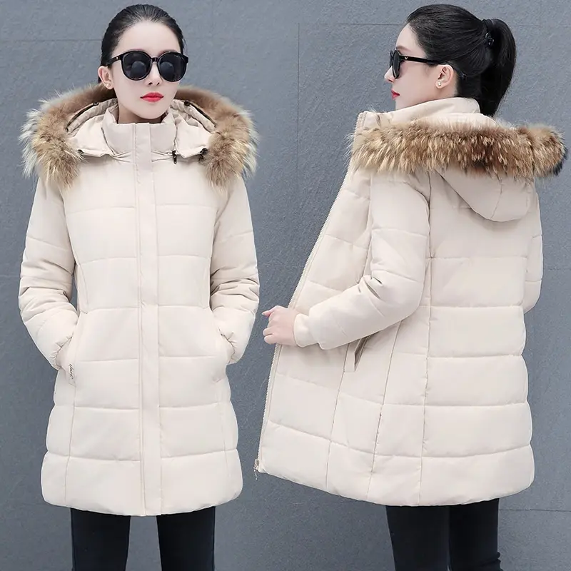 Warm Women’s Mid-Length Padded Coat with Detachable Hood and Fur Collar