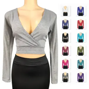 Sleek Deep V-Neck Long Sleeve Bodycon Top in Solid Color