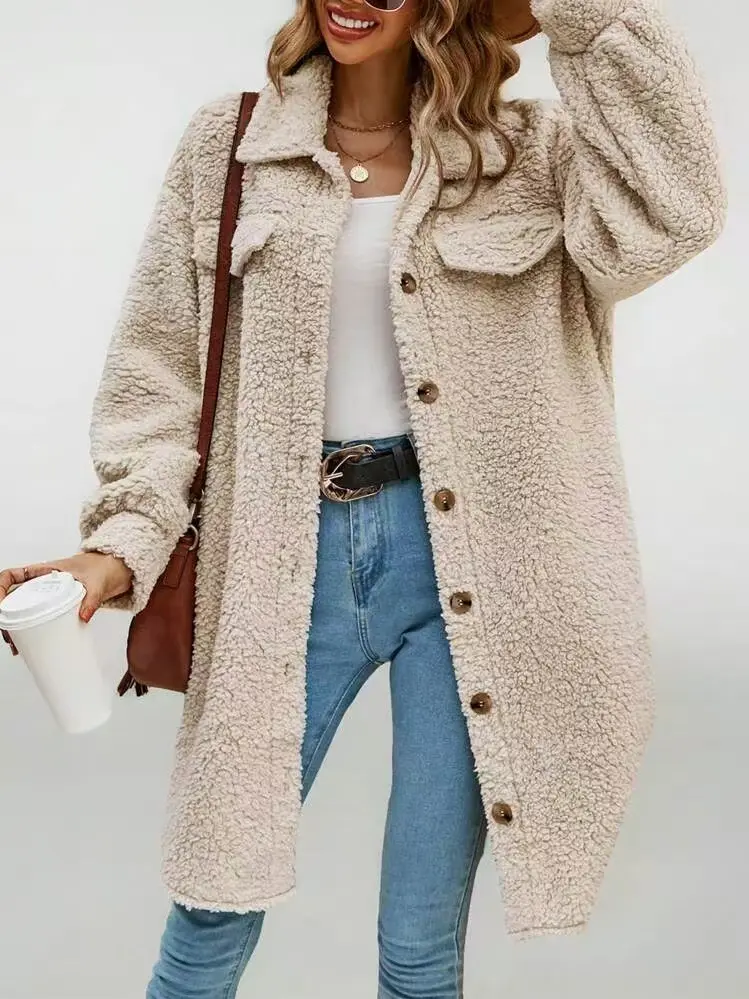 Warm Teddy Bear Plush Hooded Faux Fur Coat, Apricot