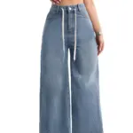 Retro Lace-Up High-Waist Wide Leg Cotton Jeans for Women