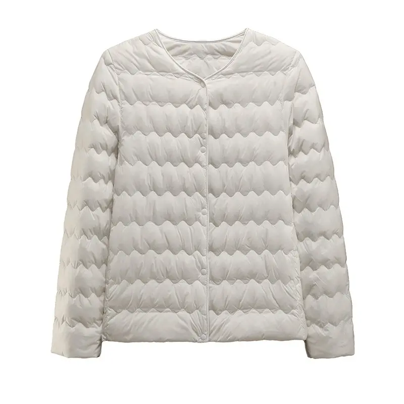 Women’s Short Puff Jacket with Ruffled Crew Neck Pockets