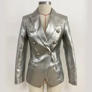 Reflective Shiny Silver PU Double-Breasted Slim Suit Jacket