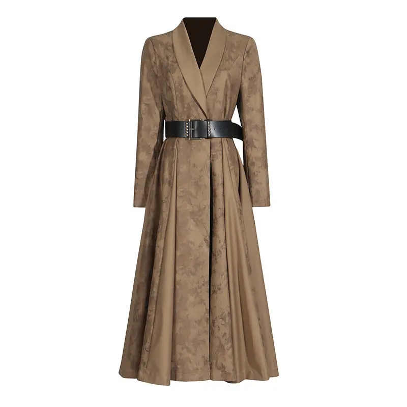 Streamlined Slim-Fit V-Neck Leather Trench Coat with Belt