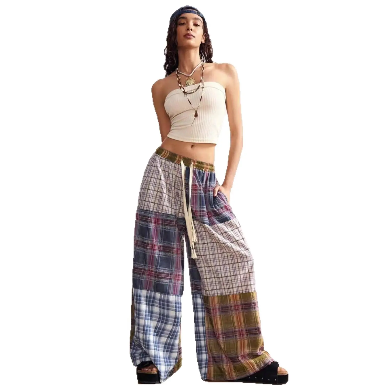 Printed Wide-Leg Drawstring Pants for Women, Mid-Rise Printed Wide-Leg Drawstring Pants for Women, Mid-Rise