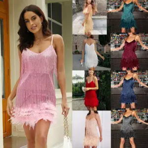 Sexy V-Neck Tassel Feather Sequin Short Dress, Polyester
