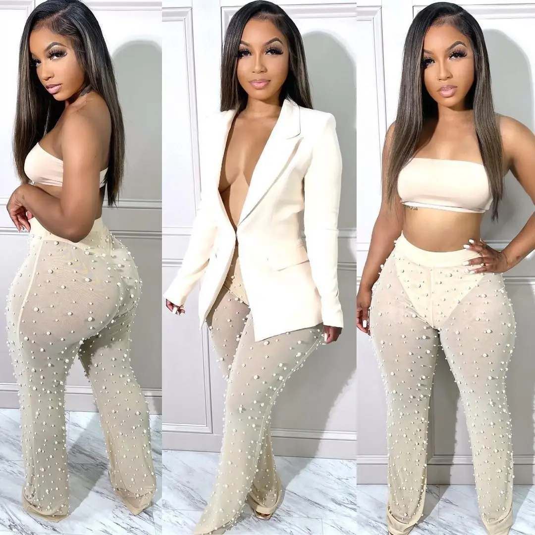 Beaded Mesh Wide-Leg Trousers for Women, Stretch Fit Beaded Mesh Wide-Leg Trousers for Women, Stretch Fit