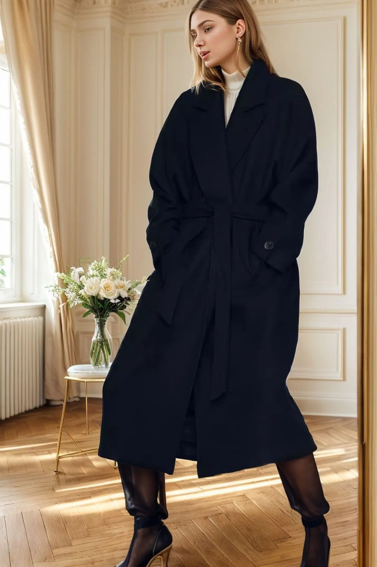 Warm Wool-Blend Autumn Winter Coat for Women - Black/White/Brown Warm Wool-Blend Autumn Winter Coat for Women - Black/White/Brown