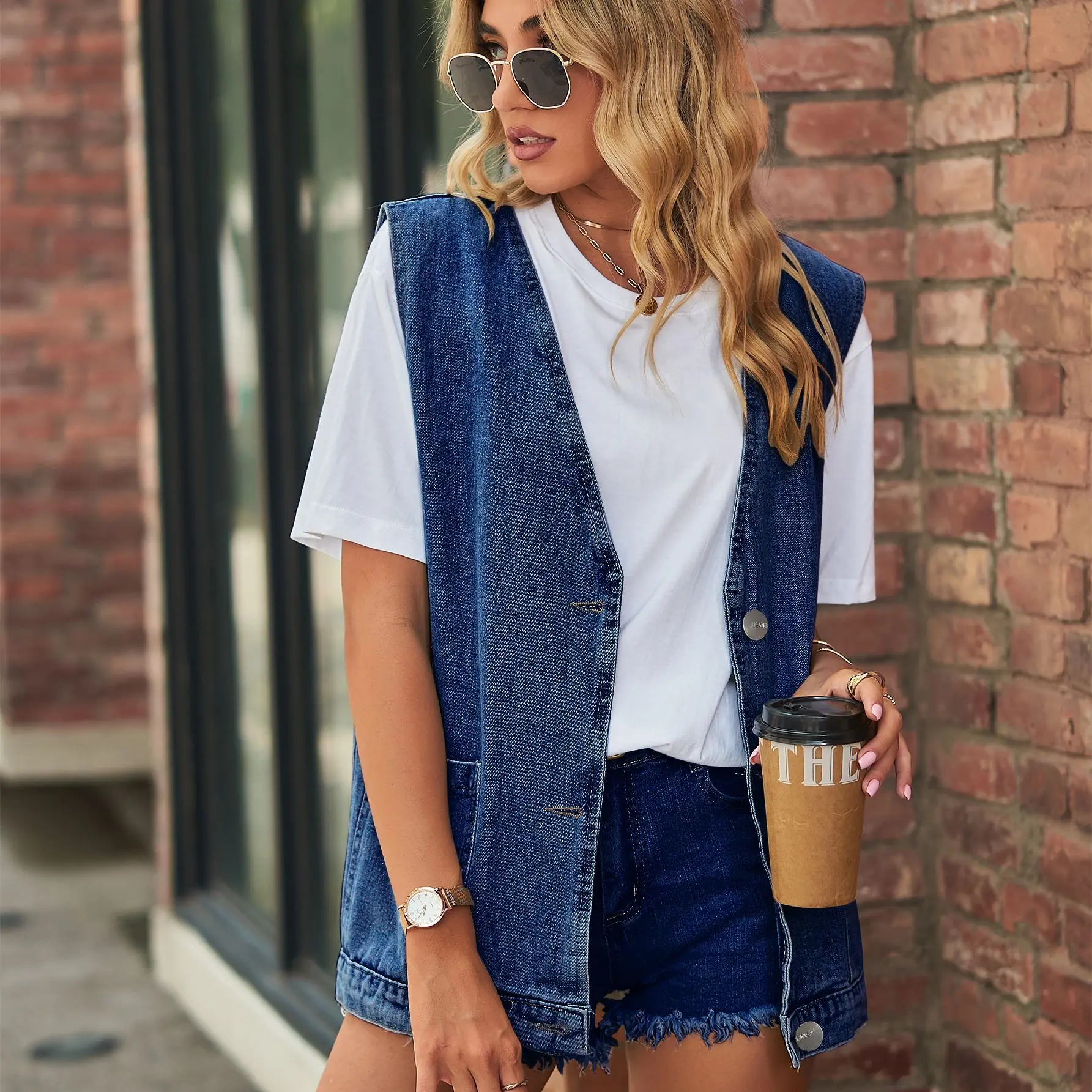 Streetwear Denim Vest for Women with Pockets, Sleeveless
