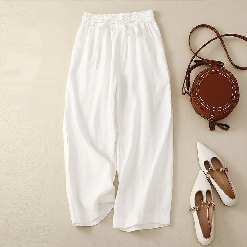Retro Cotton And Linen Cropped Wide-leg Pants Women Retro Cotton And Linen Cropped Wide-leg Pants Women