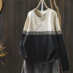 Loose Fit Preppy Crew-Neck Cotton Knit Sweater - Color Block