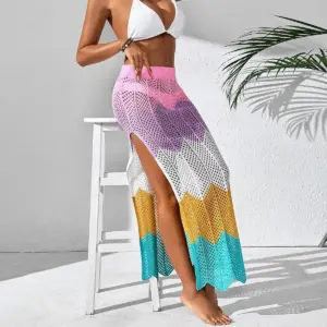 Color-Block Patchwork Midi Skirt with Slit, No Stretch