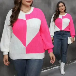 Pullover Knitted Sweater Heart Patchwork Contrasting Color Sweater Women