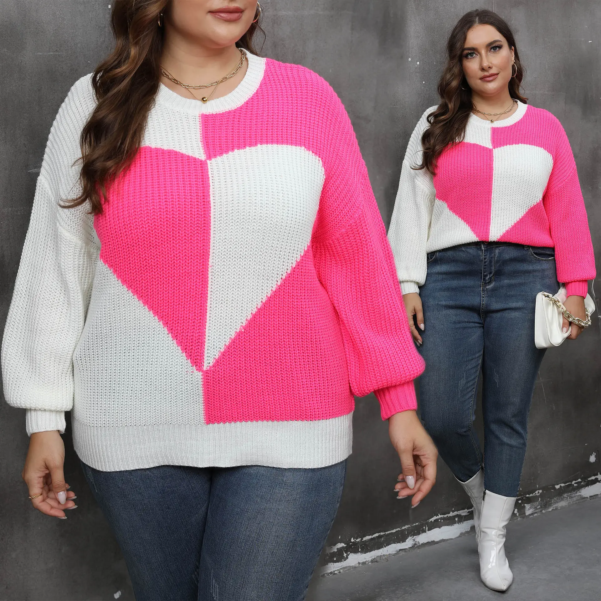 Pullover Knitted Sweater Heart Patchwork Contrasting Color Sweater Women Pullover Knitted Sweater Heart Patchwork Contrasting Color Sweater Women