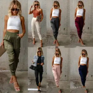 Comfortable Elastic Waist Satin Pocket Trousers for Women