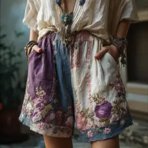 Retro Floral Print Mid-Rise Loose Fit Polyester Shorts