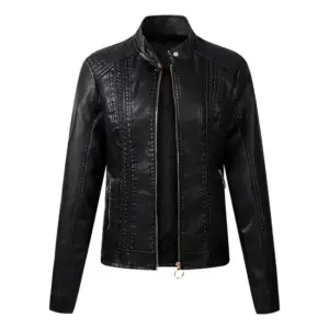 Long Sleeve Ladies Leather Jacket Pu Leather Women Short Model 2