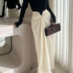 Bold Black & White Color-Block Sheath Dress with Pearls