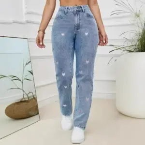 Comfortable Stretch Embroidered Straight-Leg Denim Pants
