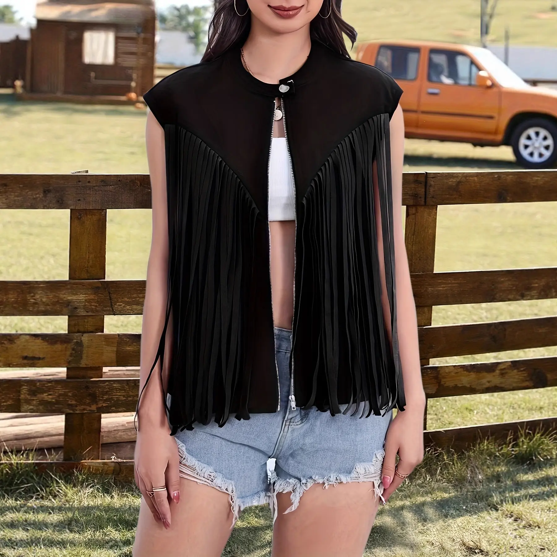 Women's Solid Color Tassel Vest Sleeveless Zipper Loose Jacket