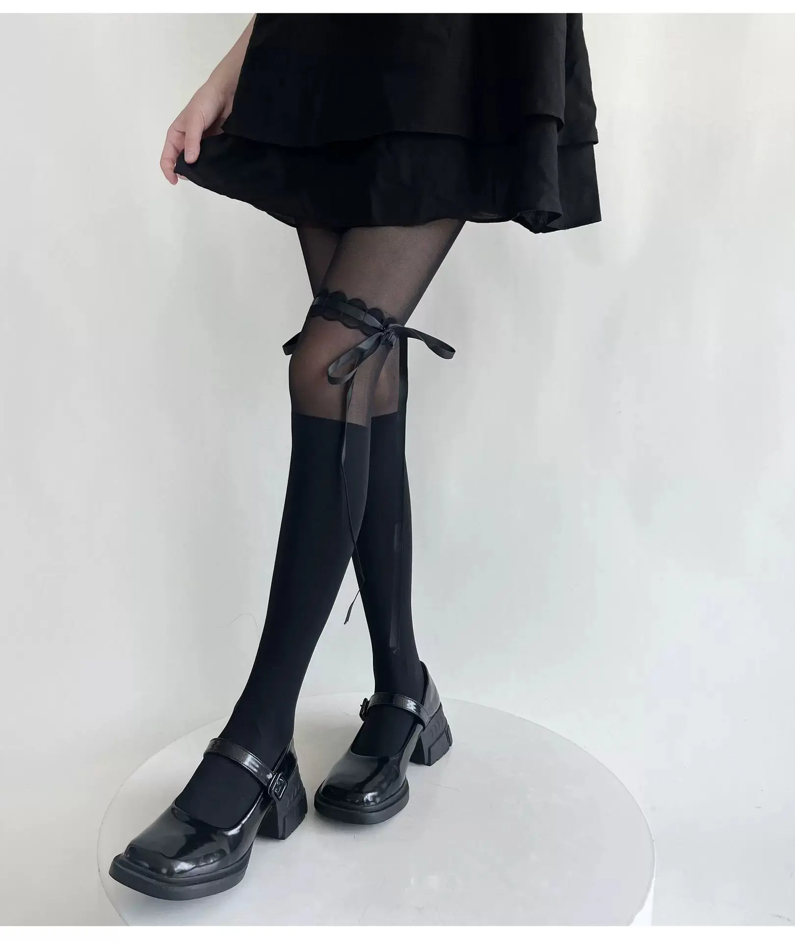 Pure Desire Style Lolita Patchwork Stockings, Summer Thin Style For Women, Slimming Bandage Bow Ballet Style Black Pantyhose