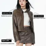 Short Leather Jacket Slim Brown Jacket Motorcycle Jacket