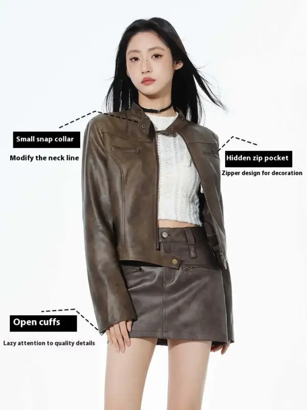 Short Leather Jacket Slim Brown Jacket Motorcycle Jacket