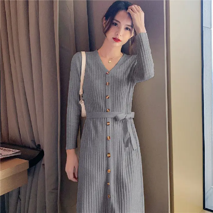 Comfort Fit V-Neck Knitted Dress with Long Sleeves