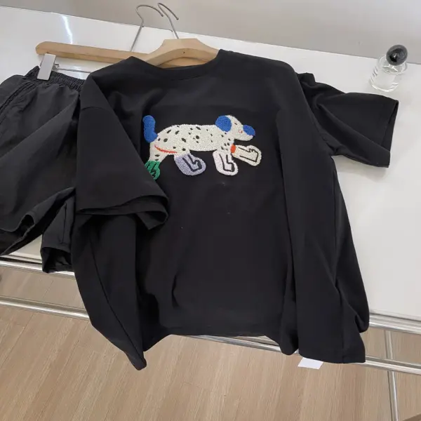 Heavy-duty 3D Embroidered Puppy Crewneck Short-sleeve Womens Top