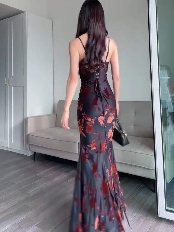 Black Flocked Strappy Maxi Dress Slim Fit with Elastic Comfort Black Flocked Strappy Maxi Dress Slim Fit with Elastic Comfort