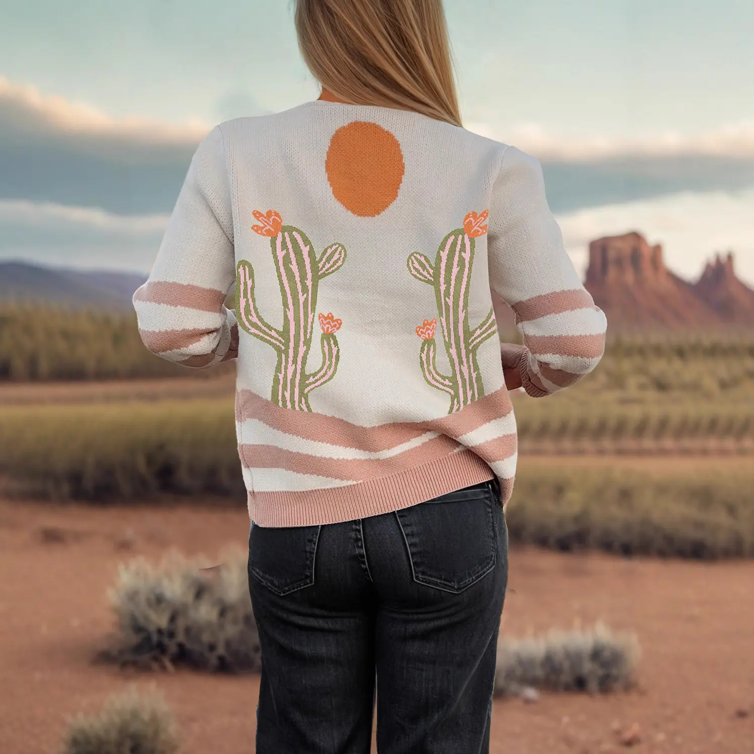 Apricot Abstract Viscose Loose Sweater with Buttons Apricot Abstract Viscose Loose Sweater with Buttons