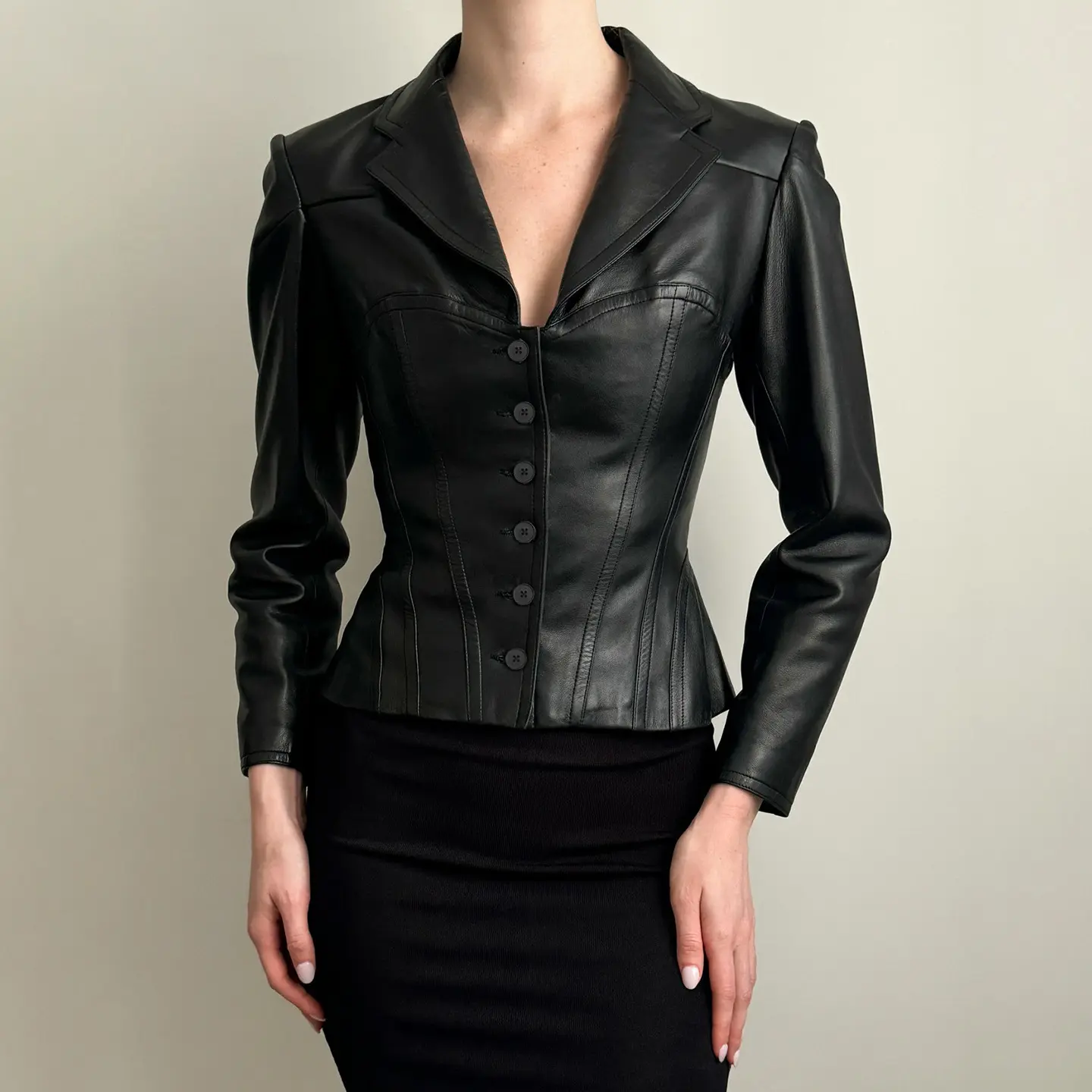 Dark Style Short Black Leather Jacket for Women, V-Neck Lapel Dark Style Short Black Leather Jacket for Women, V-Neck Lapel