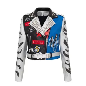 Graffiti Print Short Leather Coat Slim Fit Motorcycle Jacket