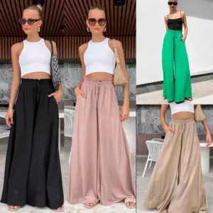 Elastic Waist Comfort Women’s Wide-Leg Pants, Mid-Waist