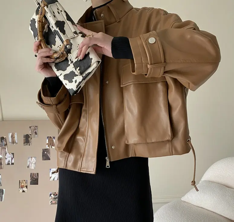 Brown Women’s Faux Leather Jacket Stand-Up Collar Brown Women’s Faux Leather Jacket Stand-Up Collar