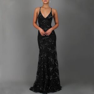 Backless Sequined V-Neck High Waist Long Prom Dress