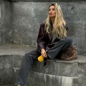 Solid Color Square Collar Leather Jacket Coat