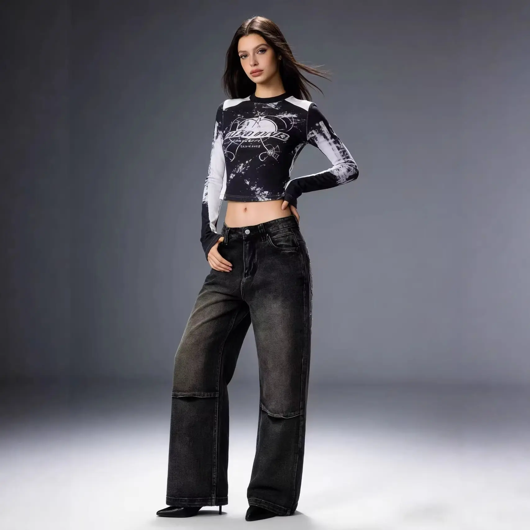 Printed Vintage Loose Wide-Leg Womens Jeans Printed Vintage Loose Wide-Leg Womens Jeans