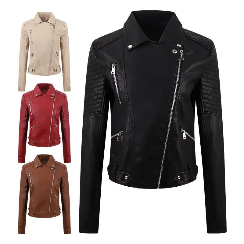 PU Women's Short Leather Oblique Pull Slim Motorcycle Clothing Washed Leather Jacket PU Women's Short Leather Oblique Pull Slim Motorcycle Clothing Washed Leather Jacket