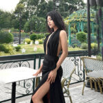55154f42-23a7-4ad6-8937-7b88d8011200.jpg 3 D Flower Halter Dress for Women, Black Polyester, S- L