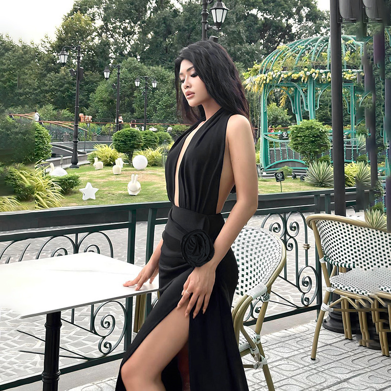 3 D Flower Halter Dress for Women, Black Polyester, S- L 3 D Flower Halter Dress for Women, Black Polyester, S- L