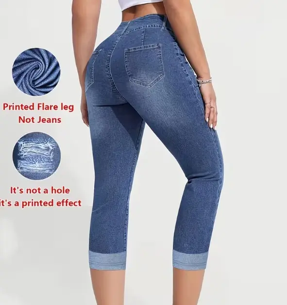 Denim Print Women’s Capri Tights for Elegant Commute Denim Print Women’s Capri Tights for Elegant Commute